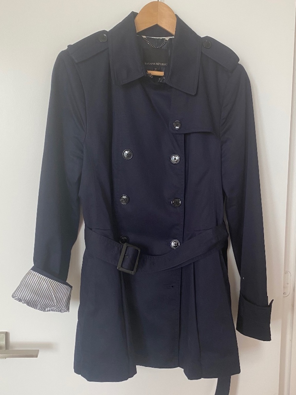 Banana Republic Navy Blue Water Resistant Short Trench Coat Size 12